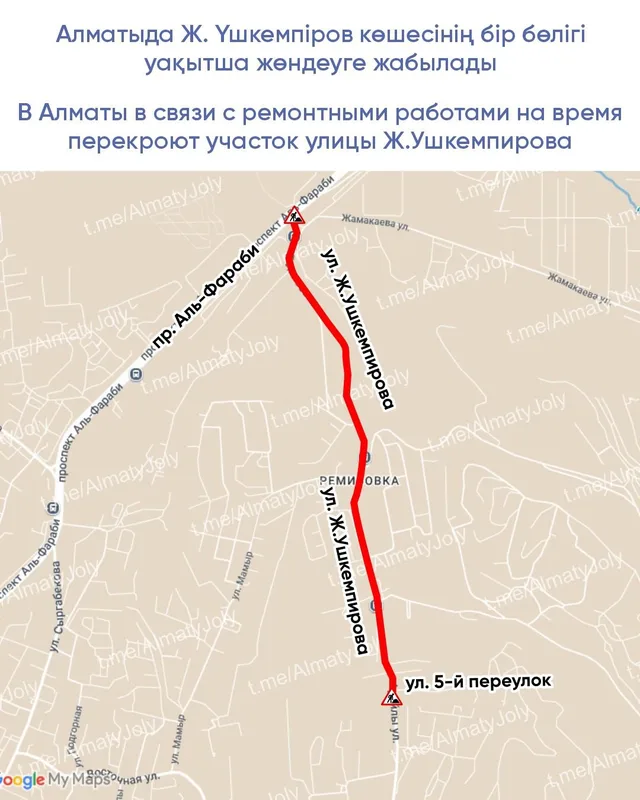 Дорожные работы на улице в Алматы с предупреждающими знаками и строительной техникой.