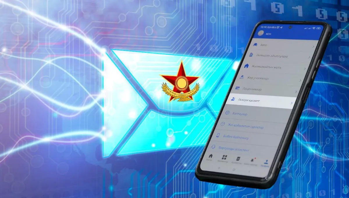 Молодой человек со смартфоном проверяет данные на фоне здания военкомата, символизируя цифровизацию призыва в Жетісу.