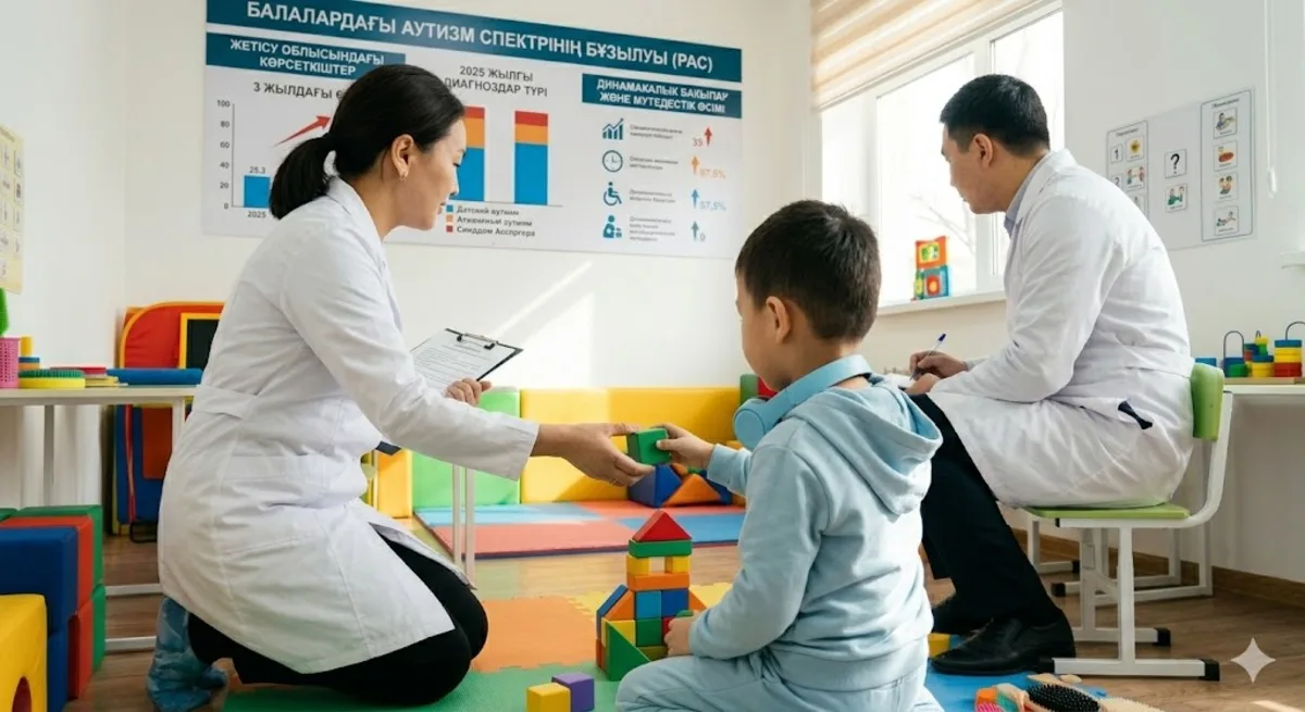 Медики обследуют ребенка в кабинете врача в Жетісу