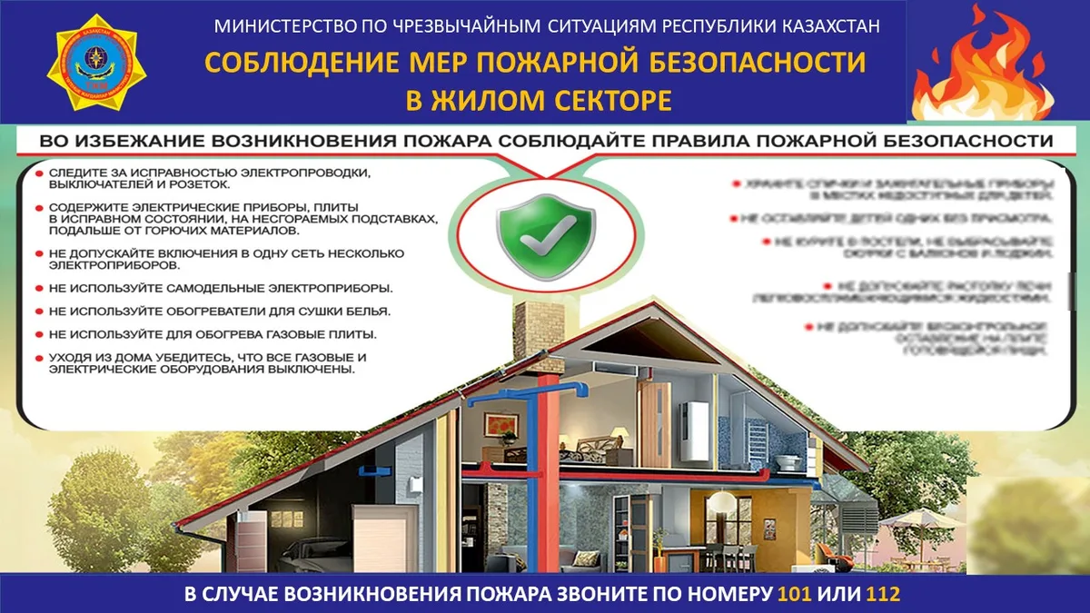 Сотрудник МЧС Казахстана осматривает последствия пожара в жилом доме, на фоне видны повреждения от огня и дыма.