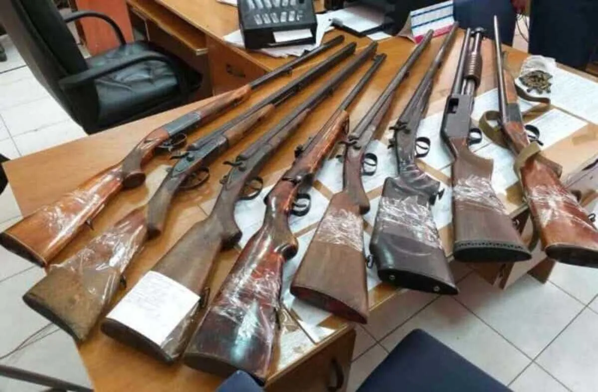 Полицейский с изъятым оружием призывает сдать нелегальные пистолеты и ружья в Жетісу