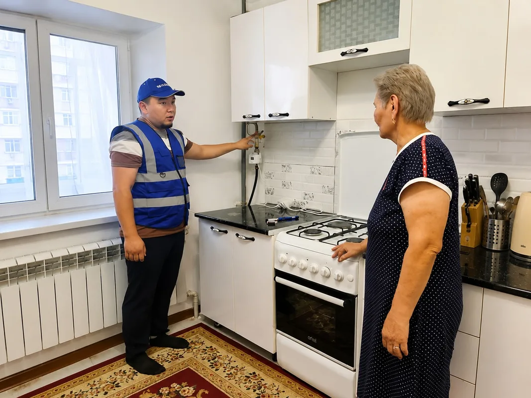 Рабочие проводят подключение газовой трубы к жилому дому в Талдыкоргане на фоне городского пейзажа.