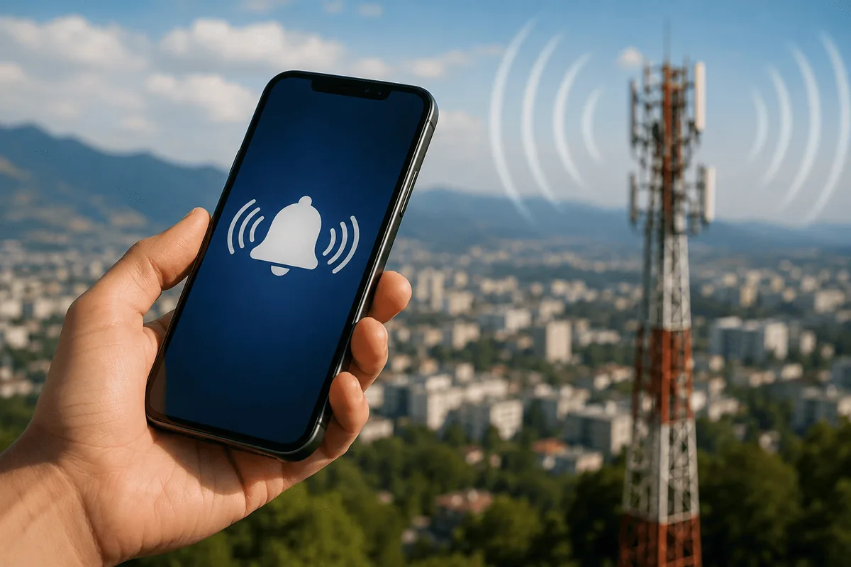 Мобильный телефон получает уведомление от системы Mass Alert о проверке оповещения в Жетісу