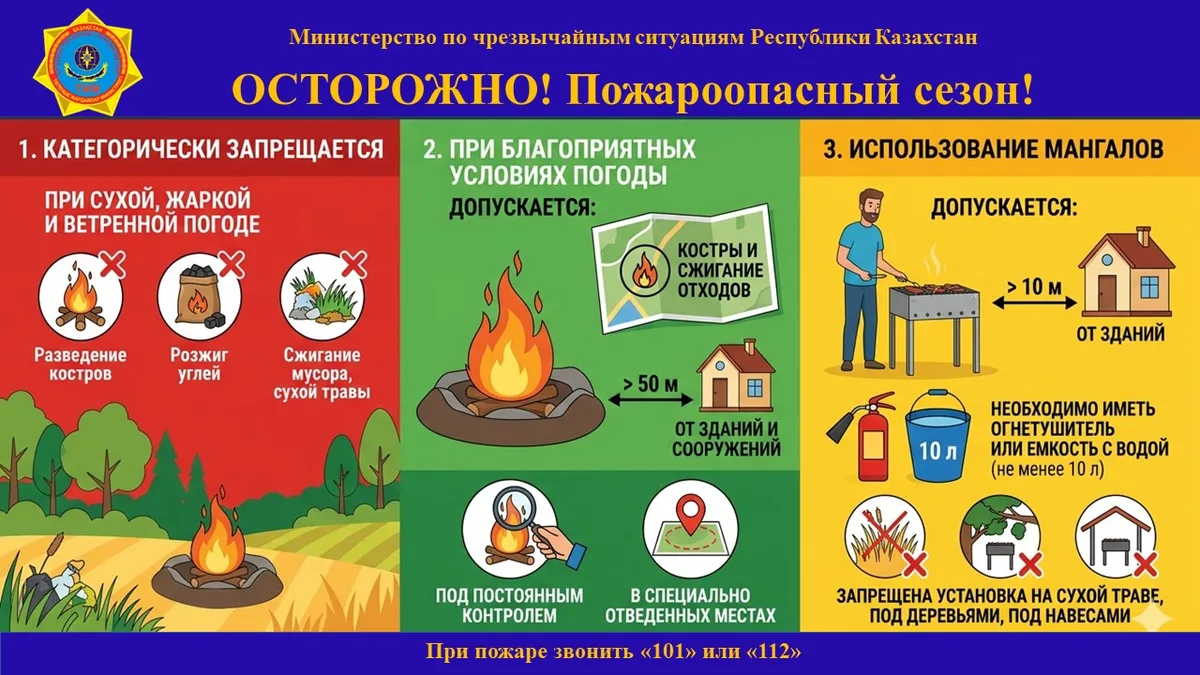 Инфографика МЧС Казахстана о правилах безопасности для костров и мангалов на природе.