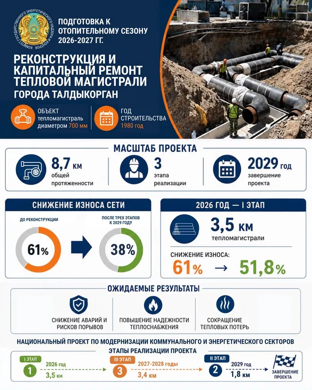 Рабочие проводят реконструкцию магистральных тепловых сетей в Талдыкоргане на фоне городского пейзажа.