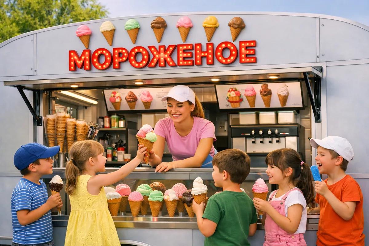 Человек покупает мягкое мороженое в вафельном рожке у продавца на улице в жаркий летний день в Талдыкоргане.