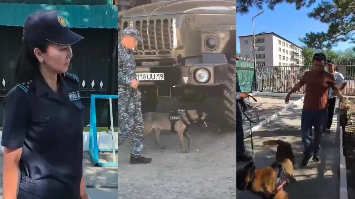 Служебная собака обыскивает территорию воинской части Национальной гвардии в Жетісу во время антинаркотического рейда
