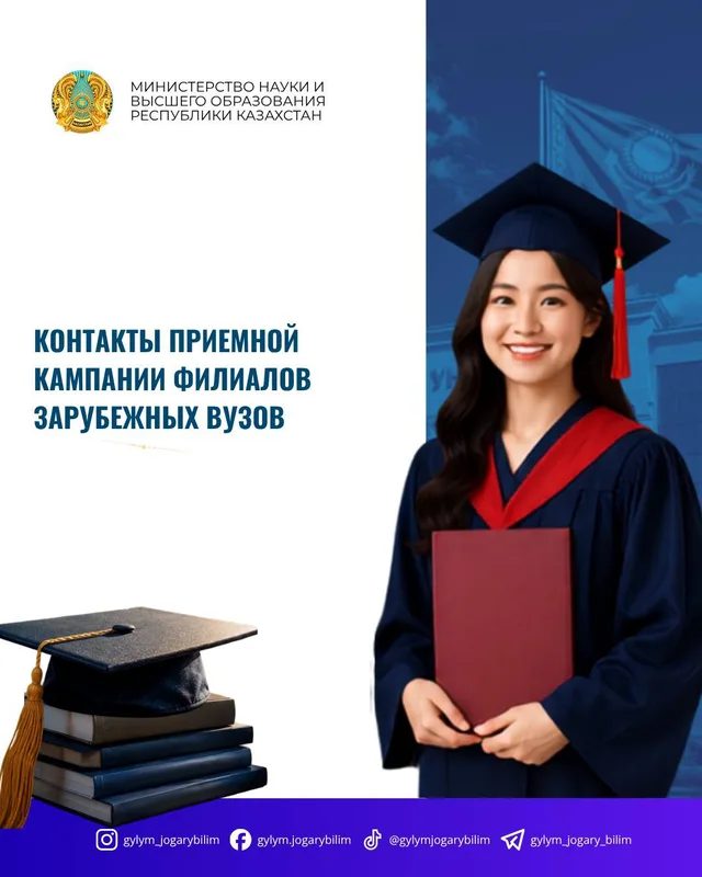 Инфографика с контактами и условиями приема в филиалы зарубежных высших учебных заведений в Казахстане для абитуриентов.