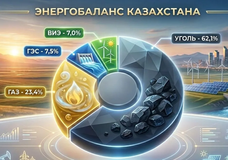 Министр энергетики выступает на фоне схемы энергобаланса Казахстана, показывающей доли угля, газа и возобновляемых источников энергии в общем производстве электроэнергии.