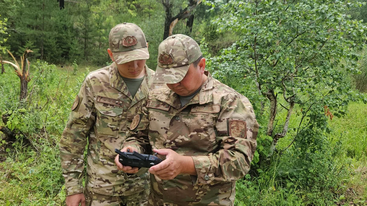 Пожарные тушат лесной пожар в Казахстане, видны клубы дыма над деревьями и работа спасателей.