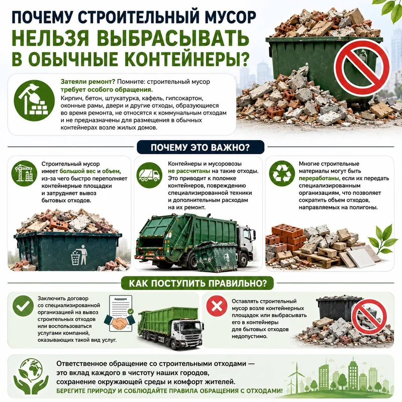Куча строительного мусора, состоящая из обломков кирпича, бетона и дерева, сложенная рядом с бытовыми мусорными контейнерами, что является нарушением правил утилизации.