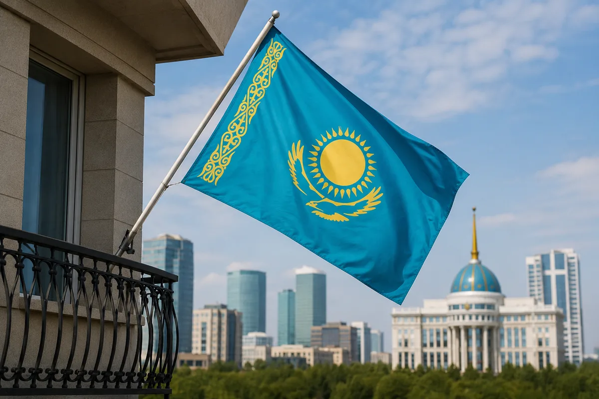 Государственный флаг Казахстана развевается над зданием