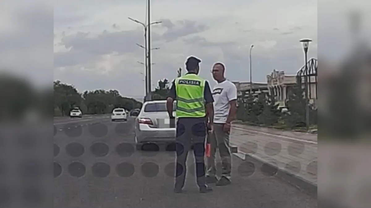 Полицейский объясняет дорогу иностранному туристу с помощью карты и переводчика на трассе Жетісу