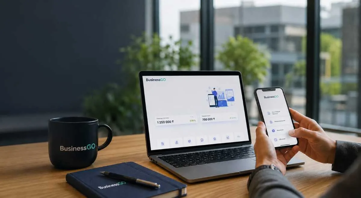 Логотип цифровой экосистемы BusinessGO на фоне графика роста, символизирующий развитие бизнеса в Жетісу