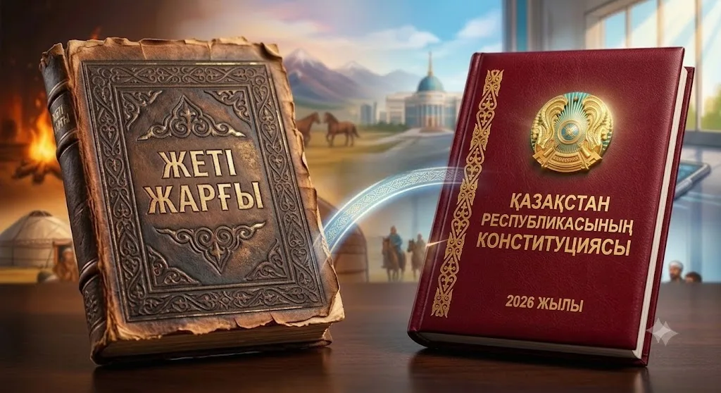 Новый текст Конституции Казахстана на фоне флага страны после референдума 2026 года