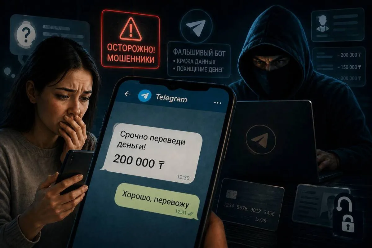 Рука держит смартфон с логотипом Telegram, на фоне силуэты людей в деловой одежде, символизирующие мошенничество с подменой личности.