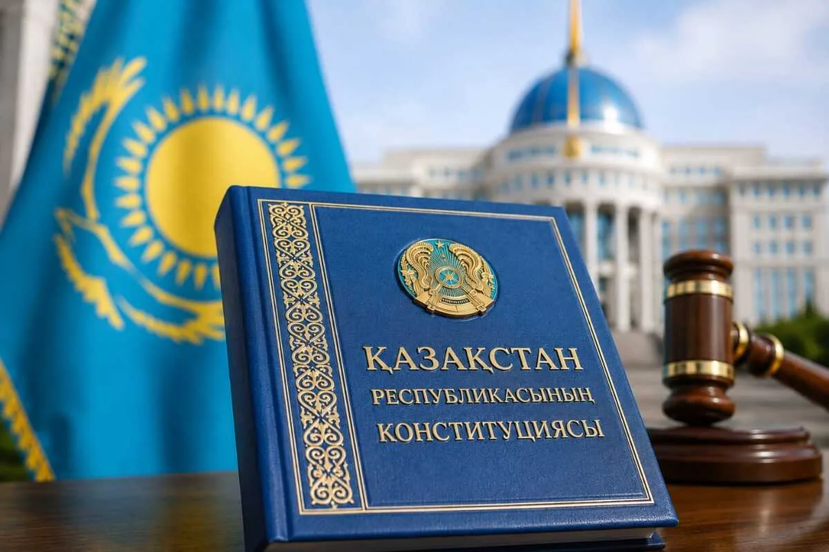 Изображение книги Конституции Казахстана, символизирующей защиту прав и свобод человека
