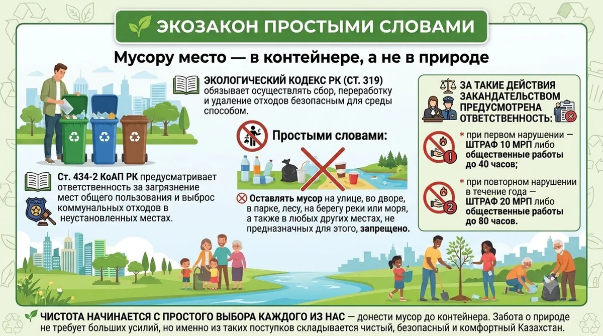 Человек выбрасывает пластиковую бутылку в мусорный контейнер, на заднем плане городской парк.