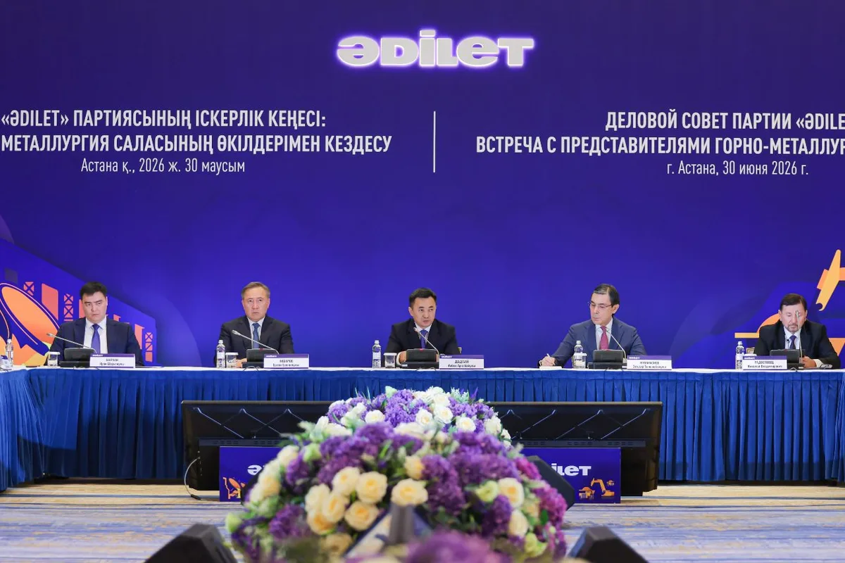 Председатель партии «Әділет» Айбек Дадебай выступает на совещании по горно-металлургическому комплексу
