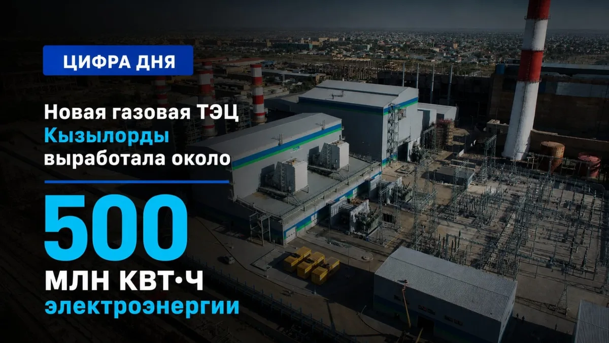 Новая современная газовая теплоэлектроцентраль в Кызылорде с высокими дымовыми трубами, работающая на полную мощность.