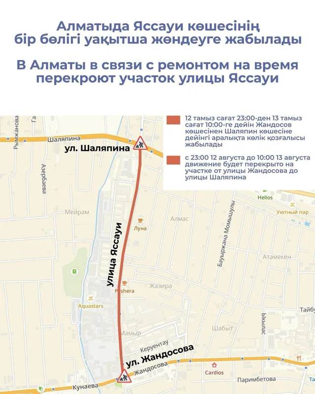 Дорожный ремонт на улице Яссауи в Алматы с установленными временными ограждениями и предупреждающими знаками.