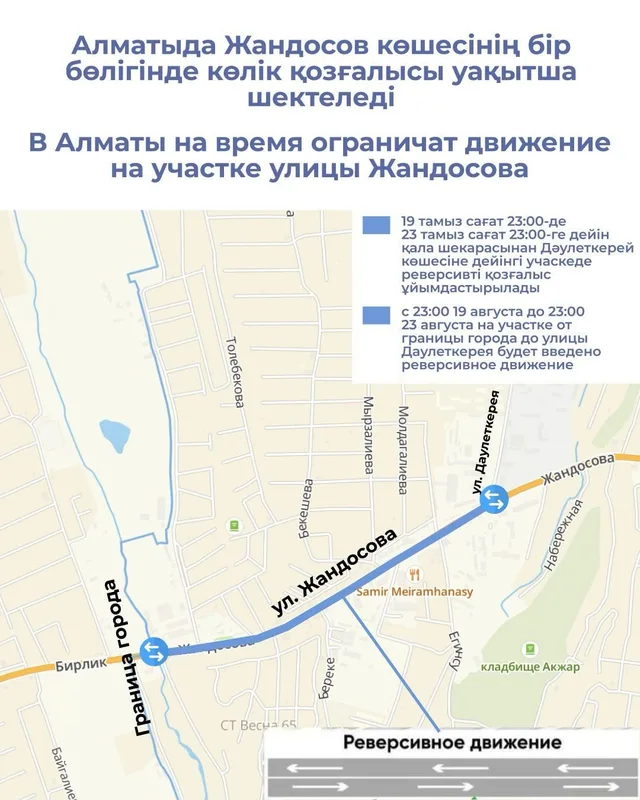 Участок улицы Жандосова в Алматы, на котором ведутся ремонтные работы, с временными дорожными знаками.