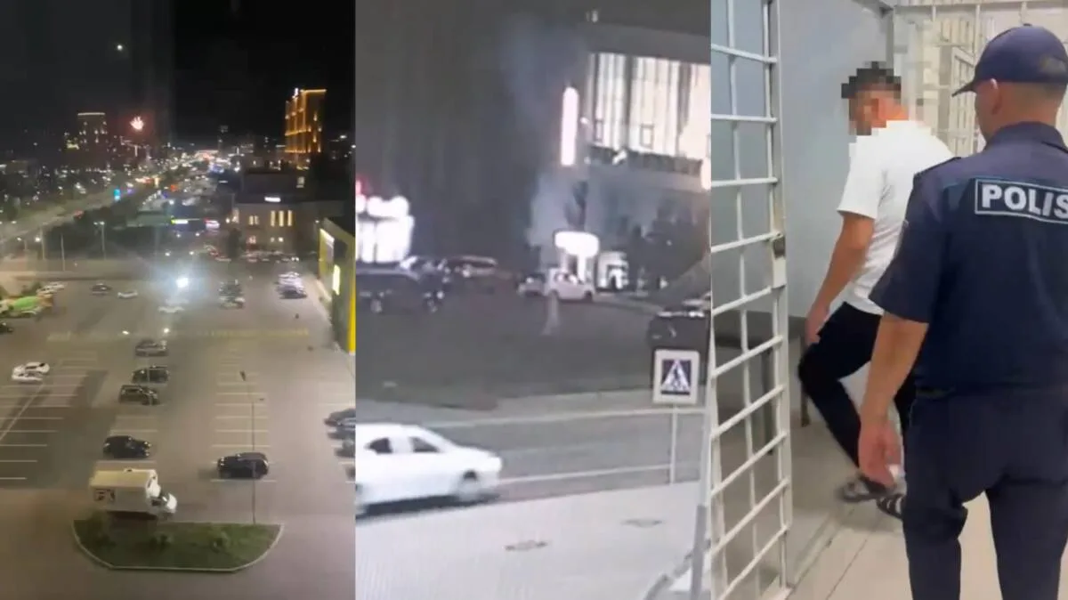 Полицейские задерживают мужчину, запускающего салют в жилом районе Астаны ночью, иллюстрируя нарушение общественного порядка.