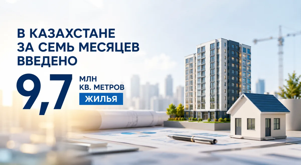 Новые многоквартирные жилые дома в современном городском районе Казахстана, символизирующие рост жилищного строительства и государственную поддержку.