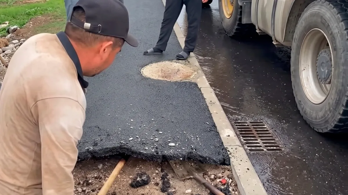 Человек лопатой легко снимает свежеуложенный асфальт с дороги в Талдыкоргане на видео.