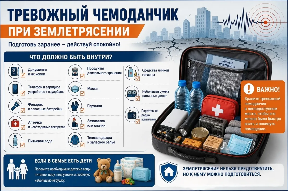Набор для чрезвычайных ситуаций, включая воду, еду, аптечку и документы, собранный в рюкзаке для быстрой эвакуации при землетрясении.