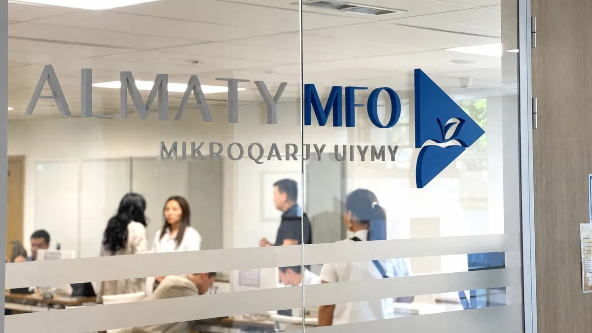 Предпринимательница обсуждает документы в современном офисе, символизируя поддержку малого бизнеса в Алматы.
