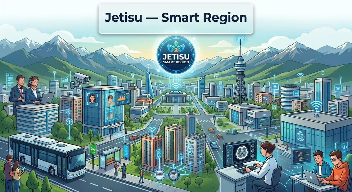 Цифровые технологии Smart Region в Жетісу, включающие камеры видеонаблюдения, умные счетчики и искусственный интеллект для безопасности и медицины.