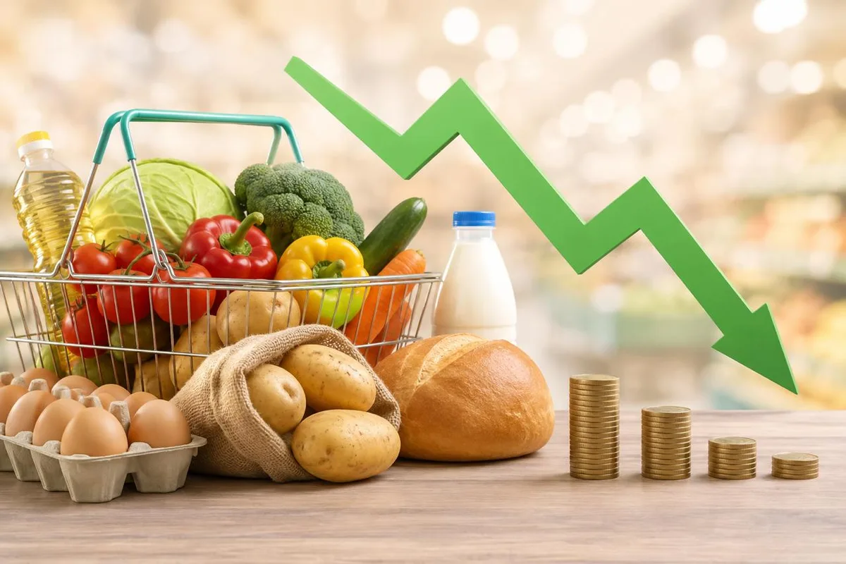 Корзинка с продуктами питания, такими как овощи, фрукты и бакалея, символизирующая снижение цен на социально значимые товары в Казахстане.