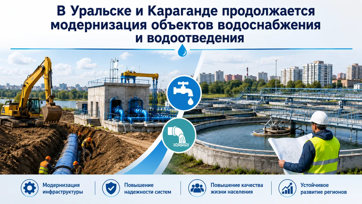Рабочие на строительной площадке водоочистных сооружений, проводится модернизация водоснабжения в одном из городов Казахстана.