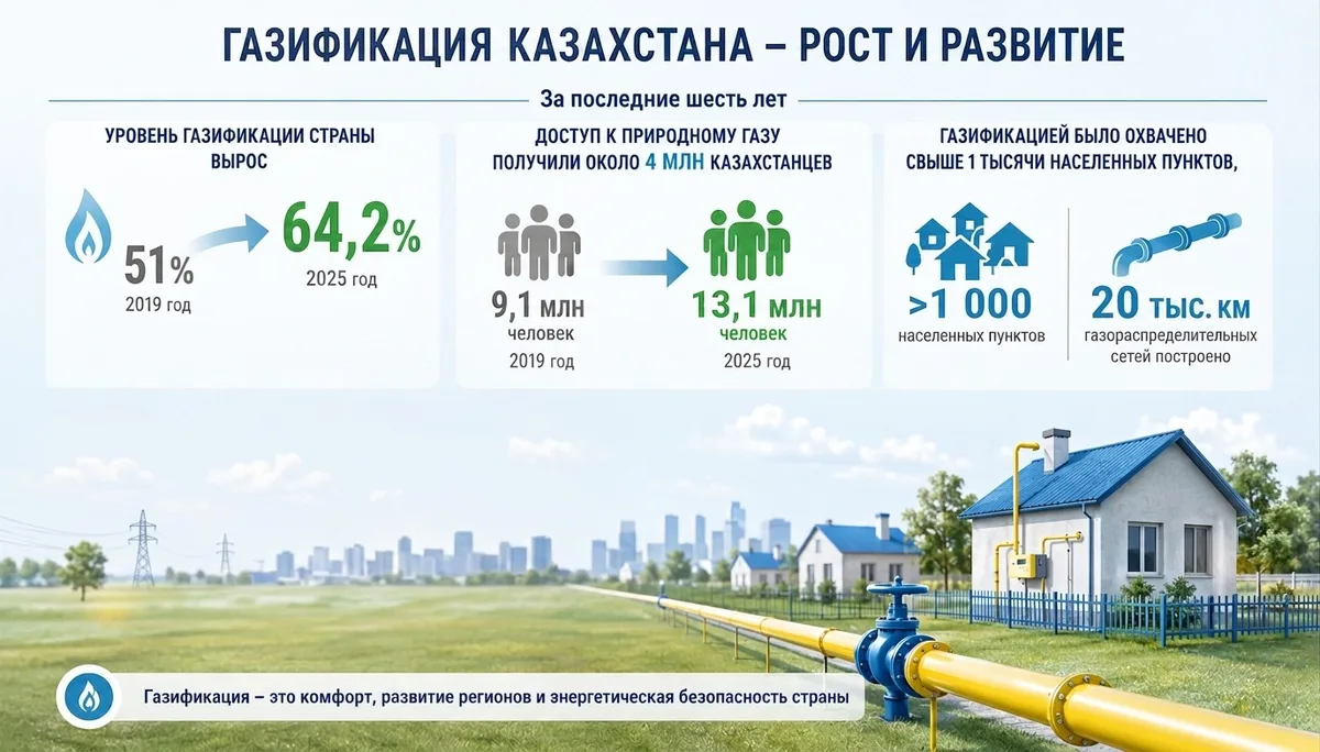 Магистральный газопровод проходит через бескрайние степи Казахстана, символизируя развитие энергетической инфраструктуры.