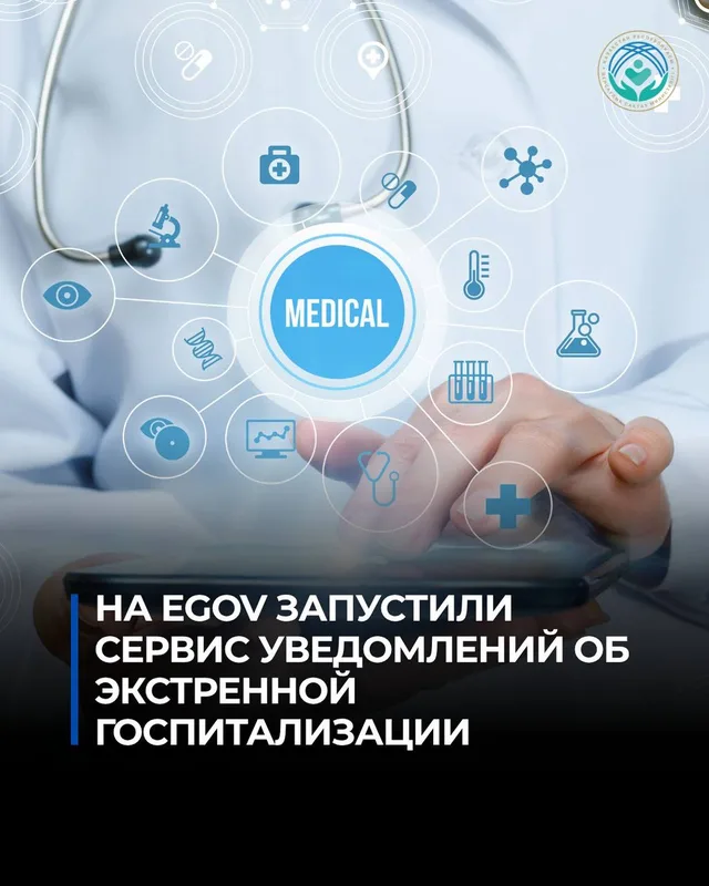 Иллюстрация: мобильное приложение eGov Mobile на смартфоне, символизирующее цифровую услугу уведомлений об экстренной госпитализации для близких.