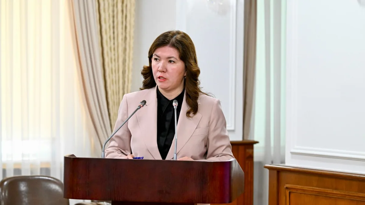 Министр просвещения Жулдыз Сулейменова выступает на заседании правительства, говоря о строительстве новых колледжей в Казахстане.