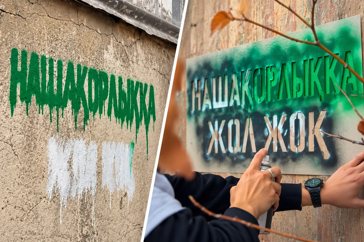 Молодые волонтеры закрашивают незаконную рекламу наркотиков на стене в Жетісу