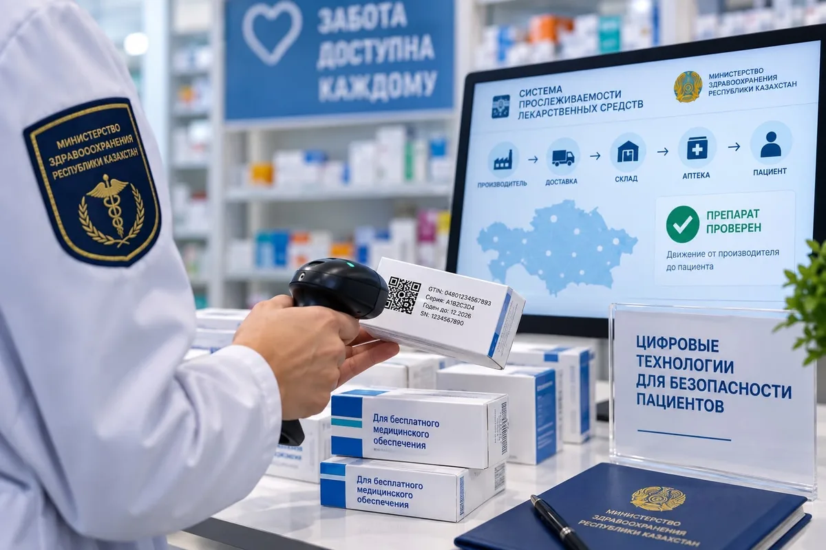 Упаковки лекарств, символизирующие систему цифровой маркировки и контроля за оборотом бесплатных препаратов в Казахстане.