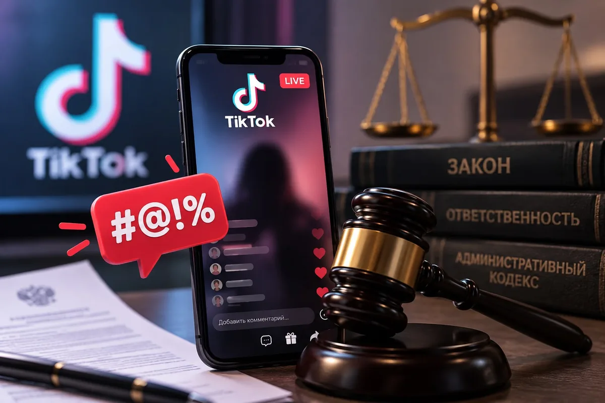 Женщина смотрит TikTok на смартфоне, полиция следит за соблюдением порядка в интернете