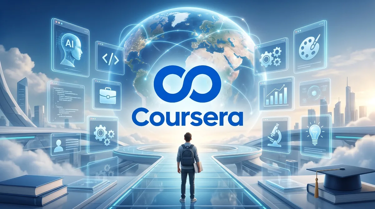 Студенты Казахстана изучают онлайн-курсы Coursera на ноутбуках, символизируя интеграцию платформы в высшее образование страны и развитие цифровых навыков в эпоху ИИ.