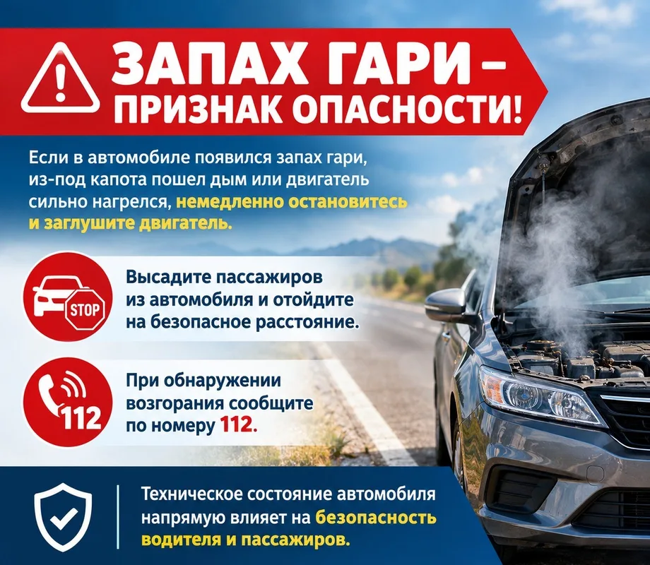 Пожарные тушат горящий легковой автомобиль на обочине дороги, рядом стоят свидетели.
