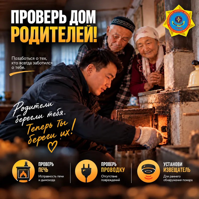Сотрудник МЧС проверяет дымоход печи в доме пожилых людей в рамках республиканской акции.