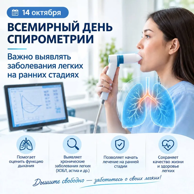 Медицинский работник проводит спирометрическое исследование с помощью портативного аппарата, пациент выдыхает в трубку.