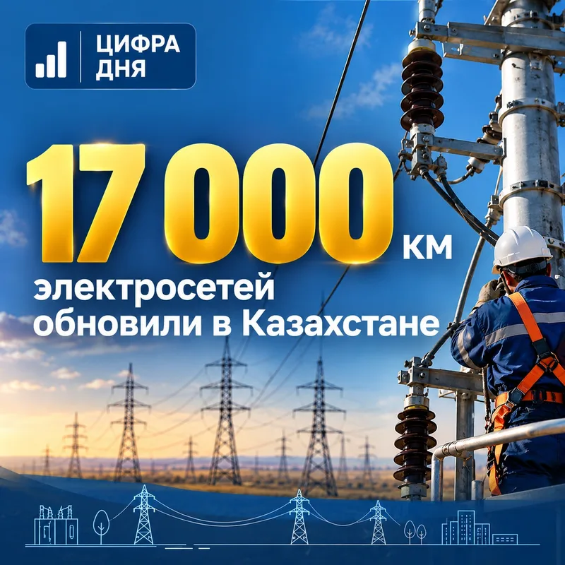 Рабочие обслуживают линии электропередач на фоне зимнего пейзажа, готовя энергосистему Казахстана к осенне-зимнему периоду.