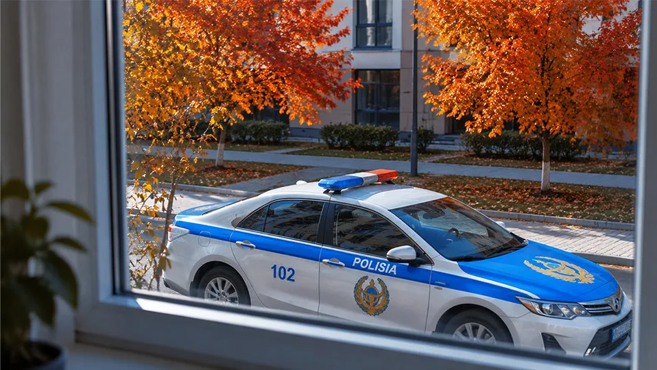 Полицейский в форме беседует с жильцами у входа в многоквартирный дом в одном из районов Казахстана, проводя проверку в рамках рейдов «Безопасный двор».