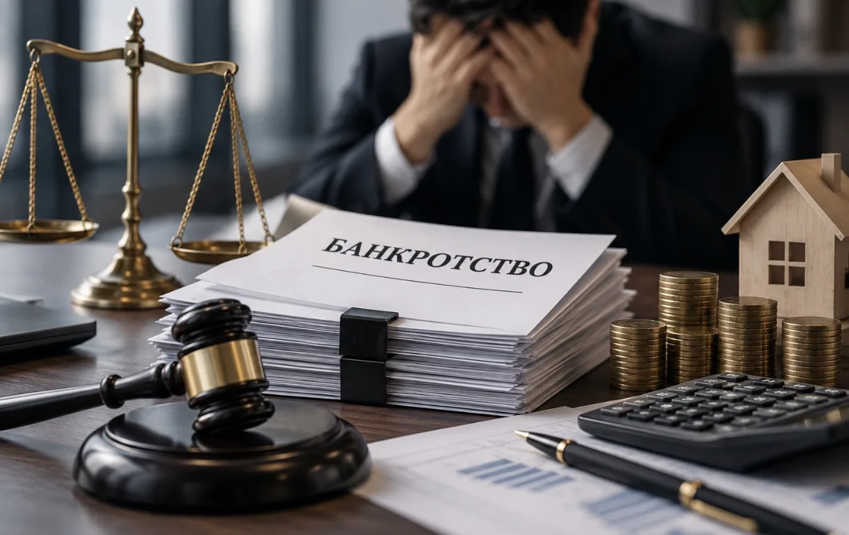 Символическое изображение банкротства: разбитая копилка на фоне юридических документов.