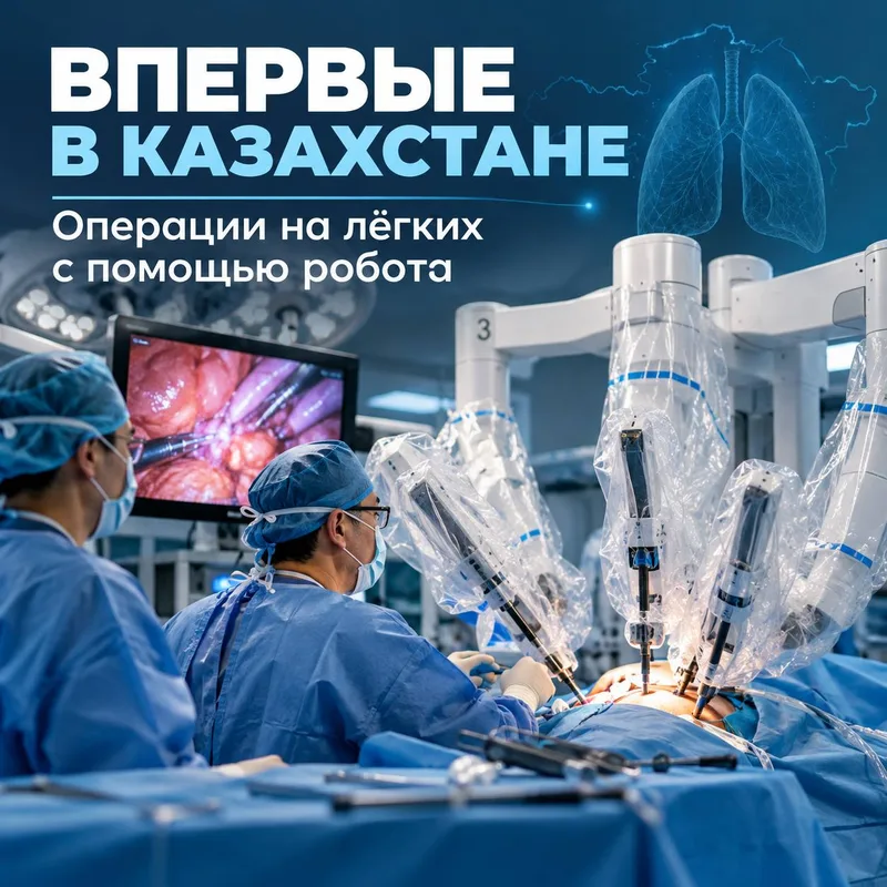 Два хирурга в стерильных халатах проводят робот-ассистированную операцию на лёгких, используя высокотехнологичное оборудование.