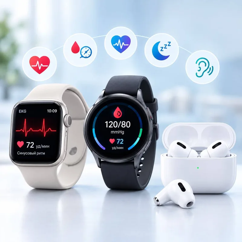 Человек измеряет сердечный ритм с помощью смарт-часов Apple Watch на запястье, рядом лежит смартфон.