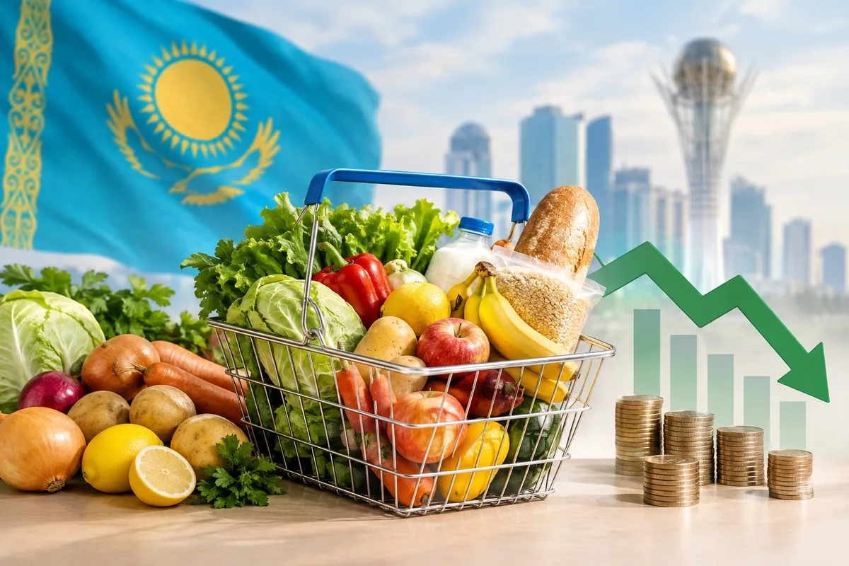 Корзина с продуктами и ценниками, символизирующая инфляцию и рост цен на продовольствие в Казахстане